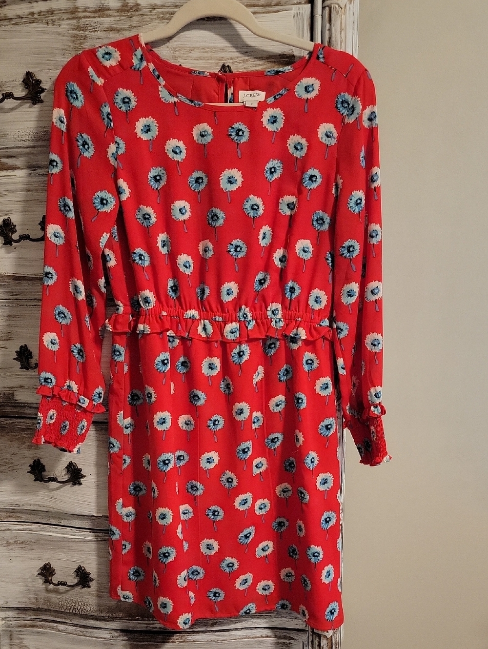 J. Crew Red Floral Print Long Sleeve Dress
